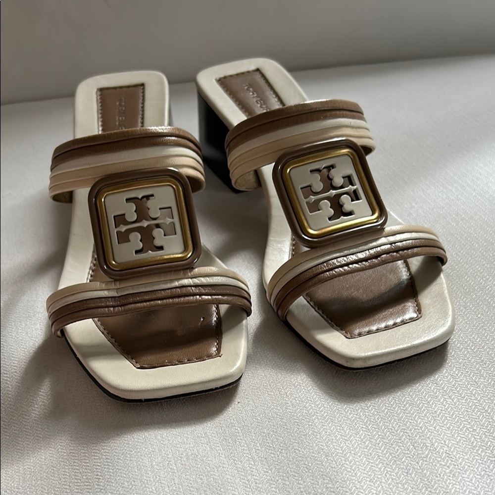 Tory Burch Brown and Cream Mules with Square Buckle. Worn once.